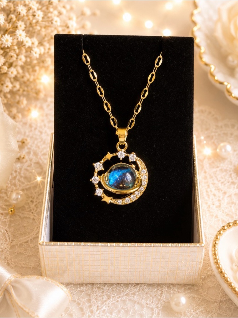 Gold-Plated Galaxy Pendant Necklace-Clear Stone Accents-NWOT